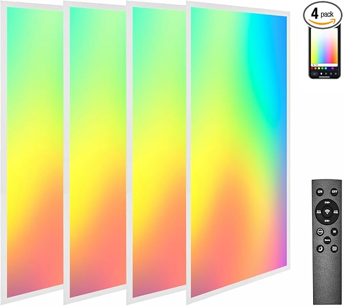 2x4 FT LED RGBW 5000K Multicolor Flat Panel Light Remote & App Controlled 60W 6600lm Color Changing LED Panel Light Smart Wi-Fi Drop Ceiling Light with Alexa/Google Assistant (4 Pack)