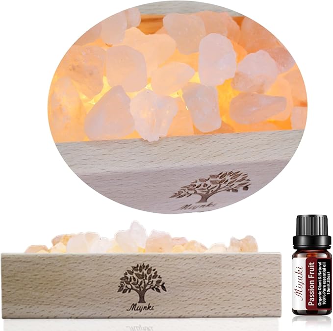Himalayan Pink Salt Lamp Diffuser with Wood Base - 300g Natural Salt, USB Powered, Warm Light & 10ml Passion Fruit Essential Oil Set for Aromatherapy, Relaxation, Meditation, Home Decor, Gifts