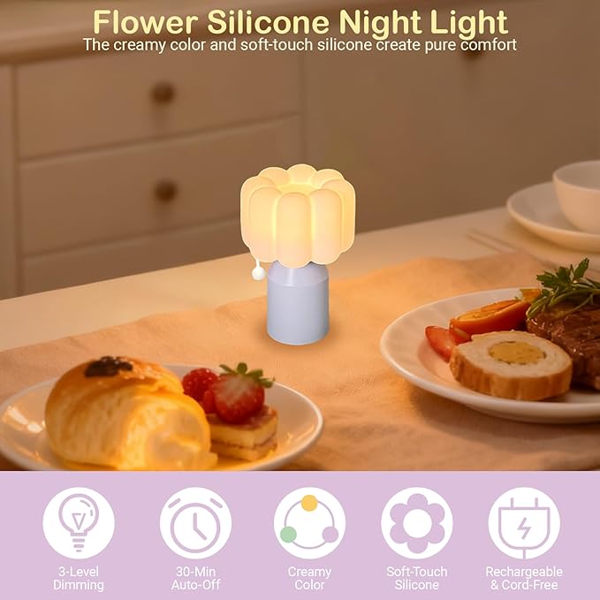 Mini Night Light for Bedroom, Flower Silicone Night Light with 30min Timer, Touch Control Dimmable Lamp with 3 Brightness Levels, LED Rechargeable Nightlight, Cute Bedside Lamp for Kids Gifts (Purple)
