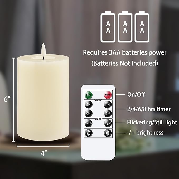 Flameless Flickering 4" x6" Real Wax Ivory Remote Candles with Candle Grease, Pack of 2 Timer LED Battery Operated Fake Warm Light Pillar Candles for Home, Banquet, Ceremony Decoration
