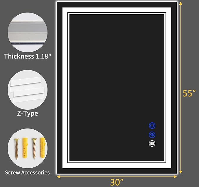 55"x30" LED Bathroom Mirror with Anti-Fog, Stepless Dimmable Lights, 3 Color Modes, Shatter-Proof Tempered Glass,Waterproof Design