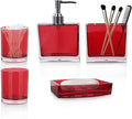 5-Piece Bold Red Acrylic Bathroom Accessories Set — Soap Dispenser, Toothbrush Holder, Soap Dish & 2 Mouthwash Cups, His and Hers Countertop Organizer for Red Bathroom Decor