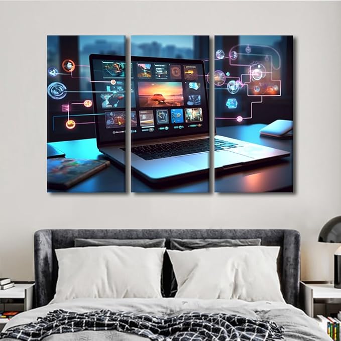 3 Panels Large Wall Art Digital Collaboration Tools Pictures Print on Canvas for Living Room Bedroom Wall Decoration, Stretched Framed Gallery-Wrapped Ready to Hang, 60" Wx40 H