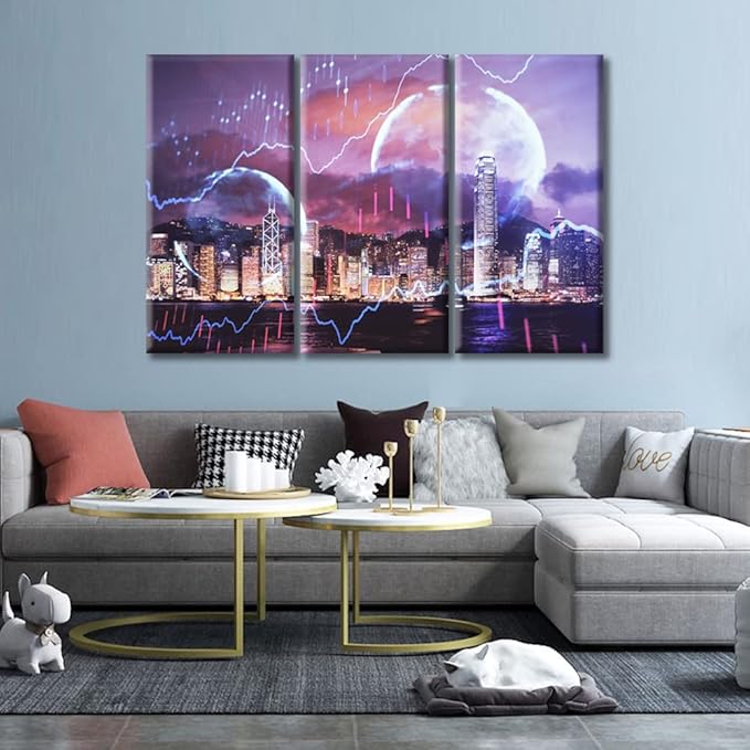 Forex Chart Drawings Over Cityscape Artwork Wall Decor 3 Pieces Trading Graph on the Cityscape at Night Background Paintings Wall Decor for Bedroom, Living Room, Office. Ready to Hang (60"Wx40"H)