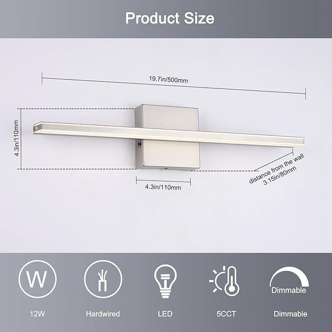 16W LED Vanity Light Bar, 19.6-Inch Brushed Nickel Bathroom Fixture, 5CCT Color Changeable & Dimmable Over-Mirror Lighting