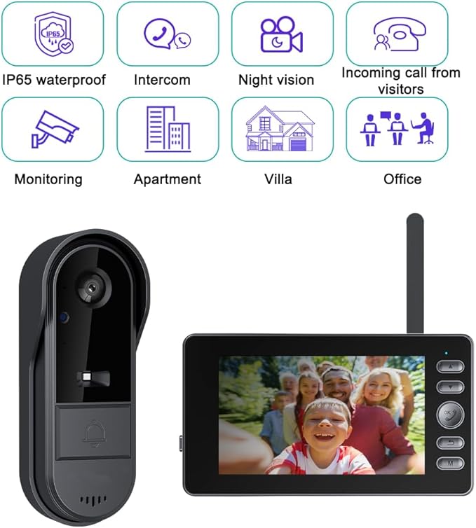Doorbell Camera Wireless No Subscription with Monitor for Home/Apartment, Video Doorbell 1080P No App/WiFi Needed, Intercom 2-Way Talk,Waterproof Door Bell with Recording & Night Vision