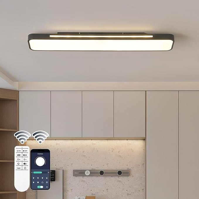 Modern LED Ceiling Light with Remote, 54W Dimmable Linear Black Flush Mount Light Fixture, 39.4'' Low Profile Light Fixture Long LED Ceiling Lamp for Bedroom Living Room Hallway Kitchen