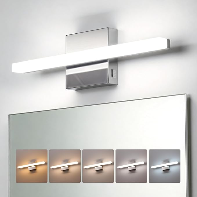 Combuh Modern Bathroom Light Fixtures Over Mirror 5 Colors Adjustable, Chrome 16 inch Led Vanity Lighting Bar Glare Free Bright IP44 Waterproof Sleek Look Small Space Wall Mount for Makeup Shaving