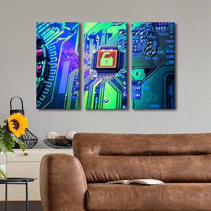 TUMOVO Canvas Wall Art 3 Panel CPU Concept Poster Wall Decor for Living Room Bedroom Bathroom Office Artwork Circuit Board Information Technology Modern House Decor Framed Ready to Hang(28" Wx42 H)
