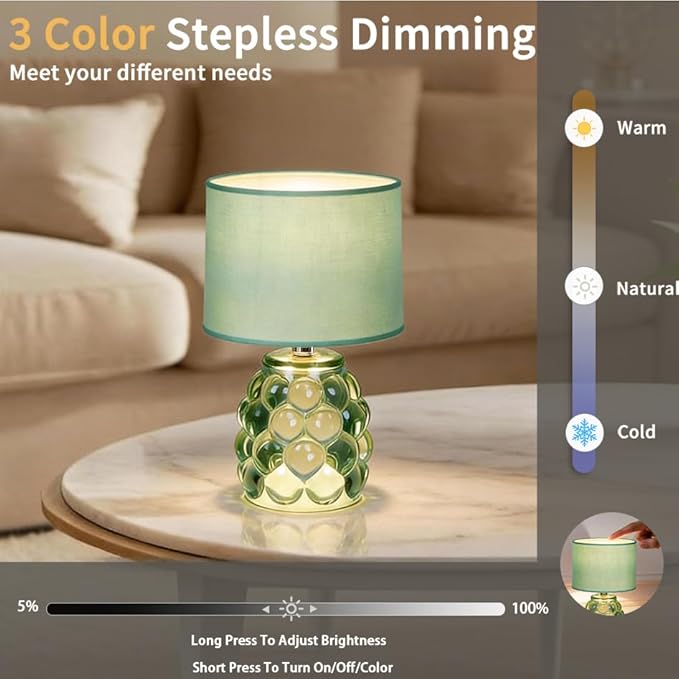 MJ PREMIER Small Rechargeable Lamp Dimmable Cordless Lamps Touch Control 3 Color Changing LED Light Small Battery Operated Wireless Desk Lamp for Home Bedroom, Modern Decor, Ambient Lighting Green