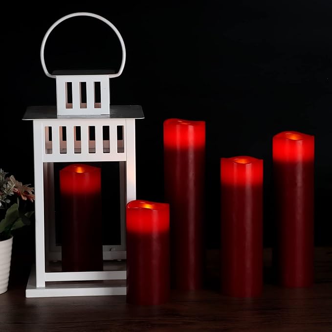 antizer Flameless Candles Led Candles Pack of 9 (H 4" 5" 6" 7" 8" 9" x D 2.2") Burgundy Real Wax Battery Candles with Remote Timer