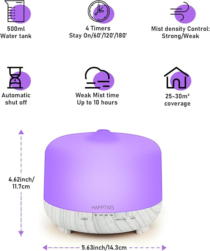 HAPPTWS 500ml Essential Oil Diffuser - Cold Mist humidifier with 4 timers and 7 Color Settings, no Water auto Shut Off, with Remote Control, Suitable for Room/Yoga Room/Office (White)