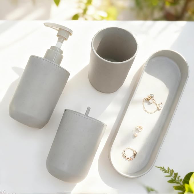 4-Piece Bathroom Organizer Set, Light Grey Plastic Countertop Storage with Toothbrush Holder, Lotion Soap Dispenser, Qtip Holder & Vanity Tray – Clean Bathroom Decor for Modern Spaces