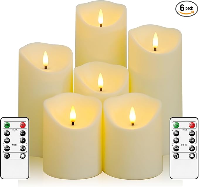 Fo32won Flameless Flickering Candles with Remote Timer, Set of 6 Ivory Led Battery Operated Candles for Home Decor Xmas Halloween (D3 x H3 3" 4" 5" 6" 7")