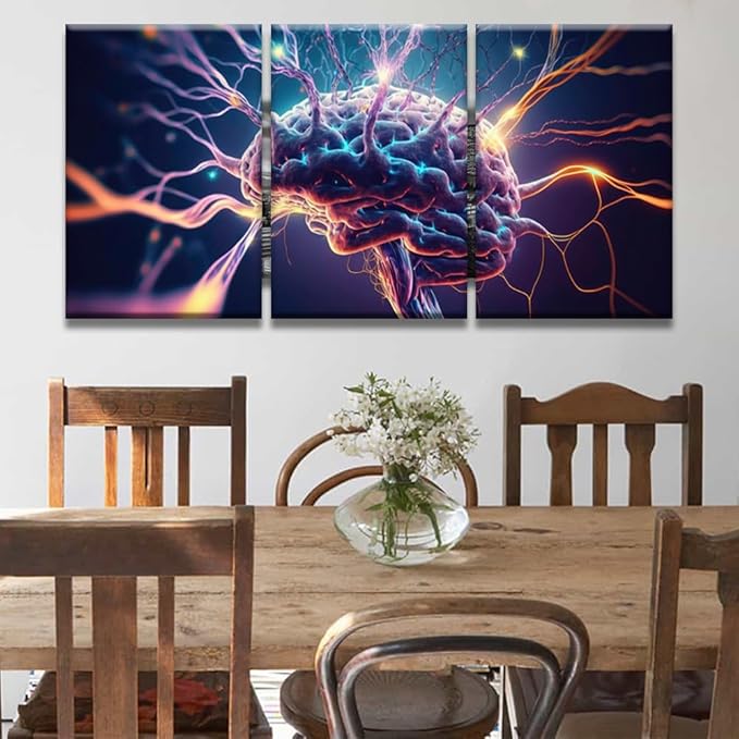 LSIUHWUWI Wall Art Painting Artificial Intelligence, Human Brain Neurons Firing and Neural Extensions Pictures Print on Canvas 3 Panel Canvas Wall Art Artwork Ready to Hang 16x24inchx3