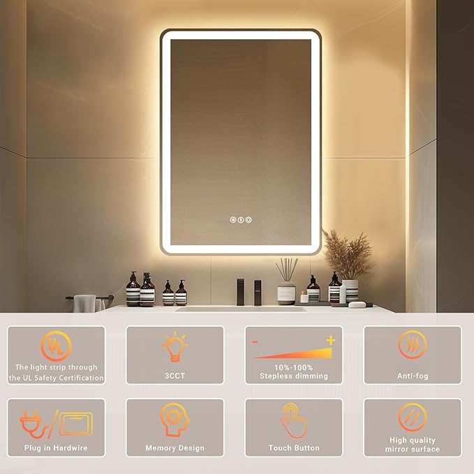 28"x 20" LED Bathroom Mirror with Stepless Dimmable, Backlight Wall Mirrors with Anti-Fog Bathroom Digital Mirror for Wall, 3 Color Modes, Memory Function Smart Mirror
