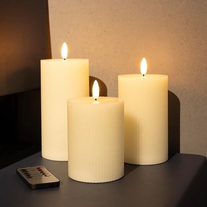 ANGELLOONG Ribbed Pillar Candles for Home Decor, Real Wax Flameless Candles with Remote, Set of 3 Battery Operated Candle, LED Electric Timer Candle for Bathroom Party Living Room Decor