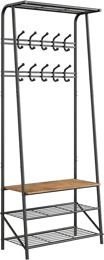 Coat Rack Shoe Bench with 5 Hooks, Entryway Hall Trees with Storage, Multifunctional Hallway Organizer, Wood Look Accent Furniture with Metal Frame, 4-in-1 Hall Trees Shoe Bench (2 Rows-10 Hooks)