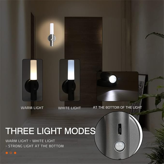 LED Battery Operated Wall Light with Motion Sensor Indoor Dimmable Wall Lampe Magnetic Lamp USB Rechargeable Wall Socnce Lighting Stick-On Night Lights for Entrance Hallway Staise (Grey,2 Packs) (