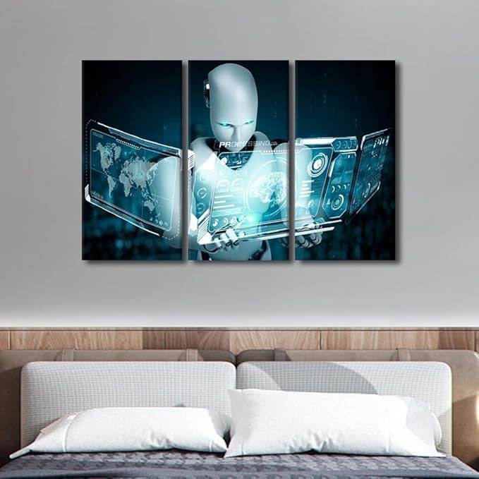 TUMOVO 3 Pieces Canvas Wall Art - Big Data Analysis Pictures for Living Room AI Intelligence Artwork Giclee for Home Decor Robot Painting Gallery-wrapped Framed Ready to Hang, 42" Wx28 H