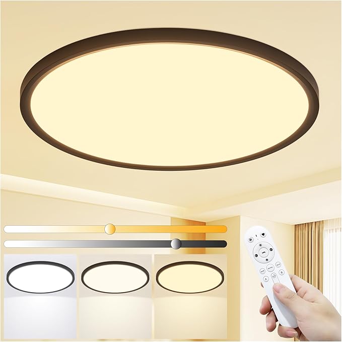 20 Inch LED Flush Mount Ceiling Light,48W Ultra-Thin Modern Round Light Fixture with Remote,Dimmable 3000K-6000K,Black,4800LM,Memory & Night Light Mode for Bedroom, Kitchen,Living Room