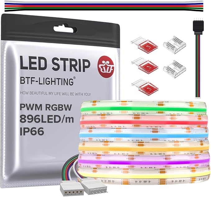 BTF-LIGHTING FCOB IP66 RGBW 3000K COB LED Strip 16.4FT DC24V Color Changing Flexible High Density Multicolor Light 12mm Width for Home Indoor Decor(No Adapter or Controller)