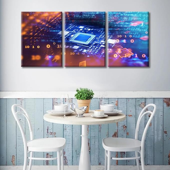 3 Piece Motherboard Digital Chip Information Wall Decor Computer Processors CPU Art Prints Wall Decor Living Room Giclee Wooden Framed Gallery-Wrapped Ready to Hang (36" Wx16 H)