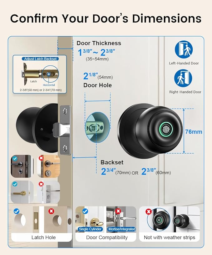 Fingerprint Door Lock, Smart Fingerprint Door Knob with Lock, Biometric Door Locks with App Control & Key, Keyless Thumbprint Entry Door Locks for Bedroom, Front Door, Apartment-Polished Black