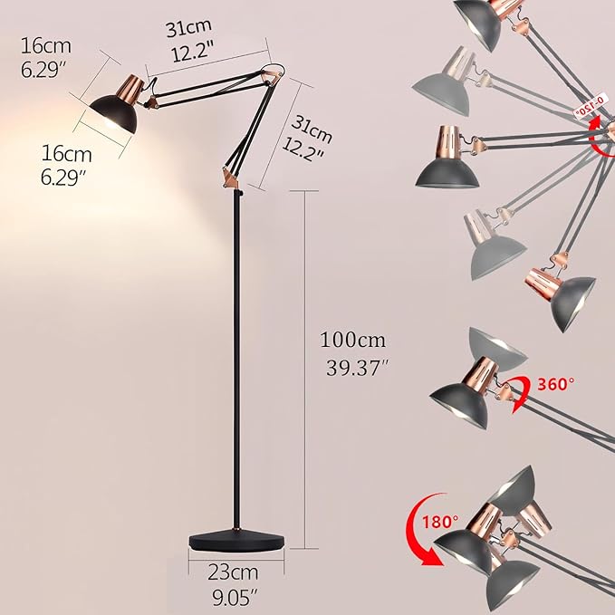 FIRVRE LED Floor Lamp, Vintage Metal Swivel Floors Lamp, 3 Usage Modes - Floors Lamp, Table Lamp and Clip Lamp, E26 Architectural Reading Lamp with Push Button for Bedrooms, Offices and Studios