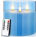 Retisee 6'' x 6'' Extra Large Flameless Candles, 3 Wick Glass Large Candles with Remote Control and Timer Function, Real Wax LED Pillar Flickering for St. Patrick's Spring Party Decor(Blue,1 Pcs)