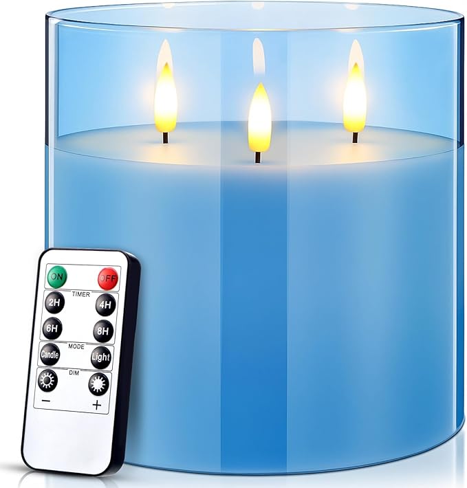 Retisee 6'' x 6'' Extra Large Flameless Candles, 3 Wick Glass Large Candles with Remote Control and Timer Function, Real Wax LED Pillar Flickering for St. Patrick's Spring Party Decor(Blue,1 Pcs)
