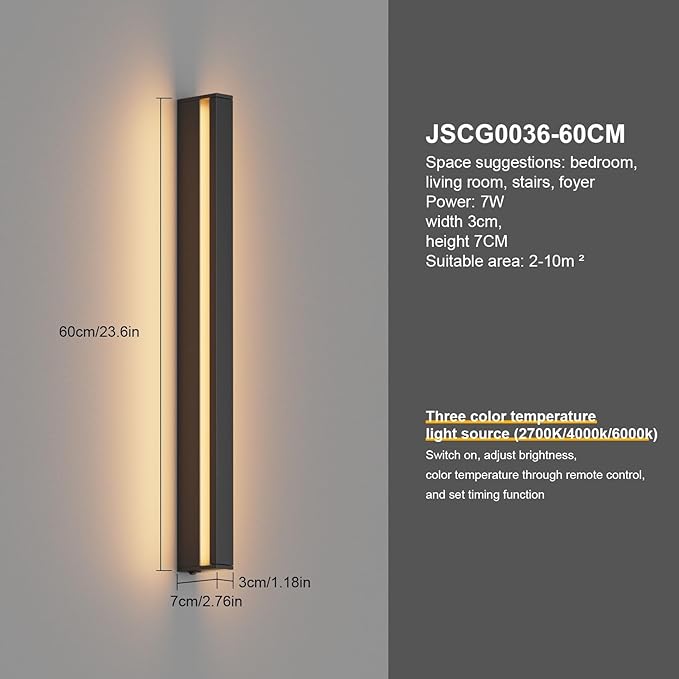 Aipsun Black Battery Operated Wall Sconce, 3000K-6000K Modern LED Wireless Rechargeable Wall Light for Bedroom, Hallway Living Room,23.6 Inch,Black(2 Packs)