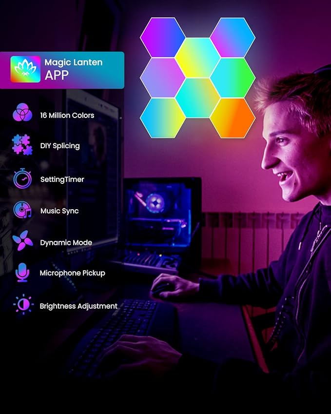Hexagon LED Lights Wall Panels, Smart RGB Gaming Lights with APP & Music Sync, DIY Modular Hex Tiles, USB-Powered for Autism/Game Room/Party Decor (8-Pack)