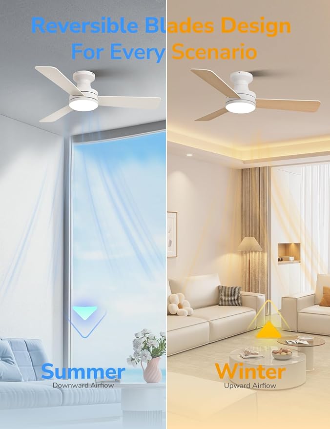 Orison 42-Inch Ceiling Fans with Lights, Low Profile, Flush Mount, Features RGB Backlight, Dimmable Lighting, 6 Speeds, 3 Reversible Blades, Remote and App Control, White