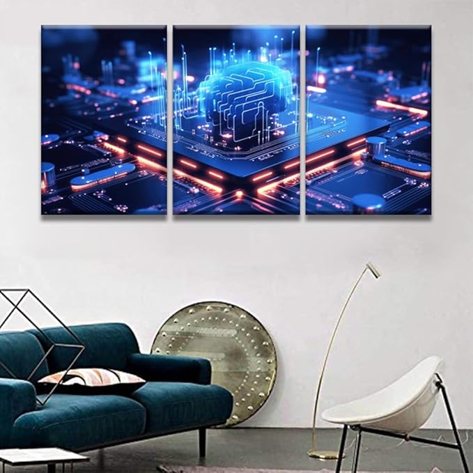 LSIUHWUWI 3 Panel Canvas Wall Art Modern Canvas Prints Art Cloud Computing transfer Data on Internet Pictures Posters, CPU Wall Art Wooden Framed Ready to Hang, 16x24inchx3