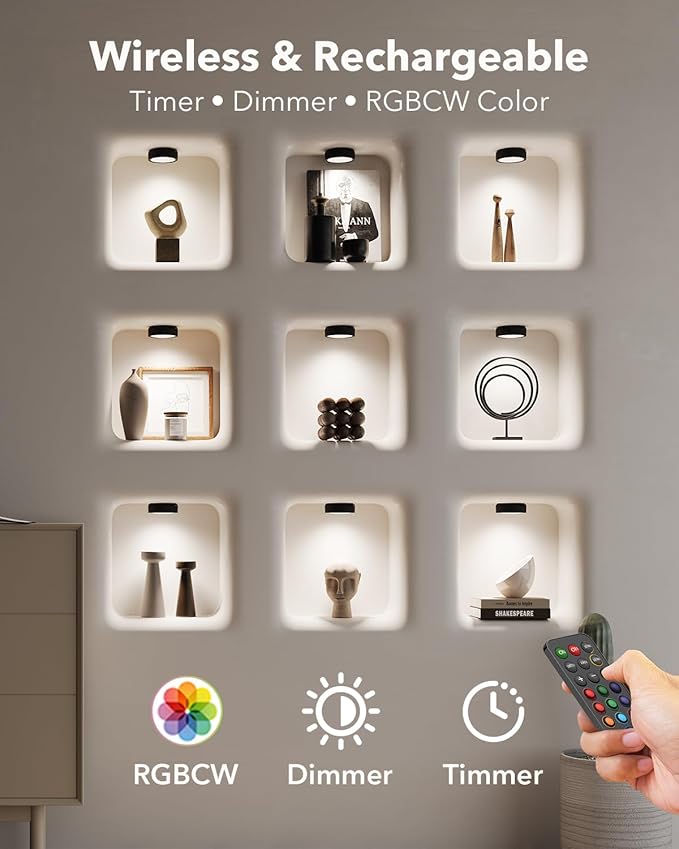 Rechargeable Puck Lights with Remote Control, 2400mAh Battery Operated RGB Under Cabinet Press Button Lighting Wireless LED Push Lights Stick on Magnetic Tap Lamp for Closet Kitchen Counter Display