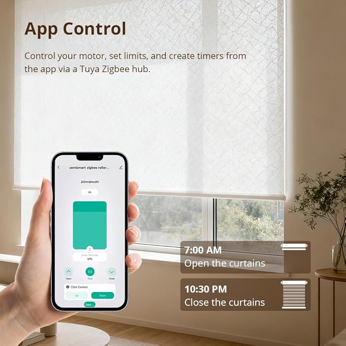 Blindsmart Rechargeable Tuya Zigbee Roller Blinds Motor for 38mm Tube, Motorized Window Shades Automatic Blinds Curtain Opener APP Control, Zigbee Hub Required (Only Motor)