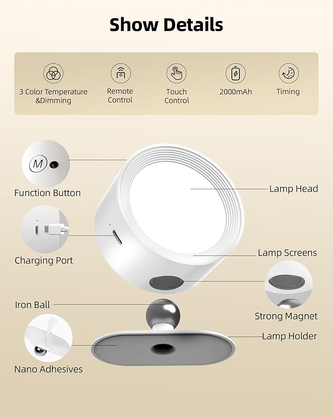LED Wall Mounted Lights, Rechargeable Wall Sconces Lamp, 3 Color Temps & Remote and Touch, 360°Rotation Dimmable Cordless Wall Light for Study Bedroom Reading Bedside(White, 2 Pack)