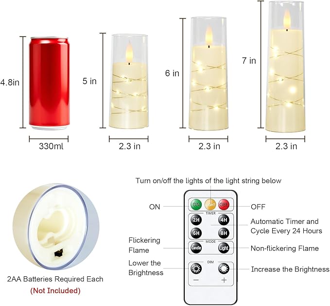 Raycare Flameless Candle with Remote Timer, 3 Flickering Acrylic Battery Operated LED Pillar Candles with Embedded Star String for Valentine's Day, Home Decor, and as a Gift(Ivory)