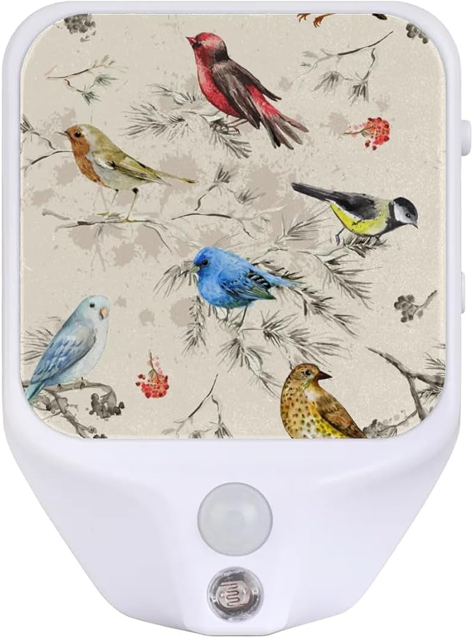 Birds Watercolor Night Lights Plug into Wall, 1.5W Plug in LED Dimmable Motion Sensing Nightlight Auto Dusk to Dawn Sensor for Kids Adults Bedroom, Bathroom, Hallway Warm White