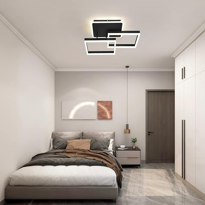 Garwarm Modern LED Ceiling Light, Dimmable 3 Heads Squares Ceiling Lamp Fixture with Remote, Acrylic Metal Flush Mount Ceiling Chandelier Lighting for Living Room Bedroom (70W, Black)