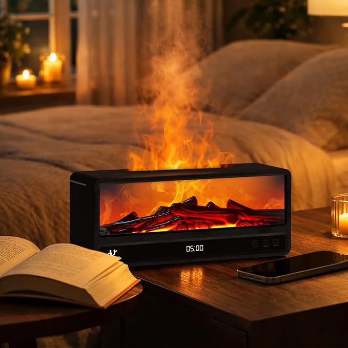 Fireplace Essential Oil Diffuser with Realistic Flame Effect, 250ML Aroma Diffuser, 7 Color LED Lights, Remote Control, Quiet Mist for Bedroom Home Office (Black)