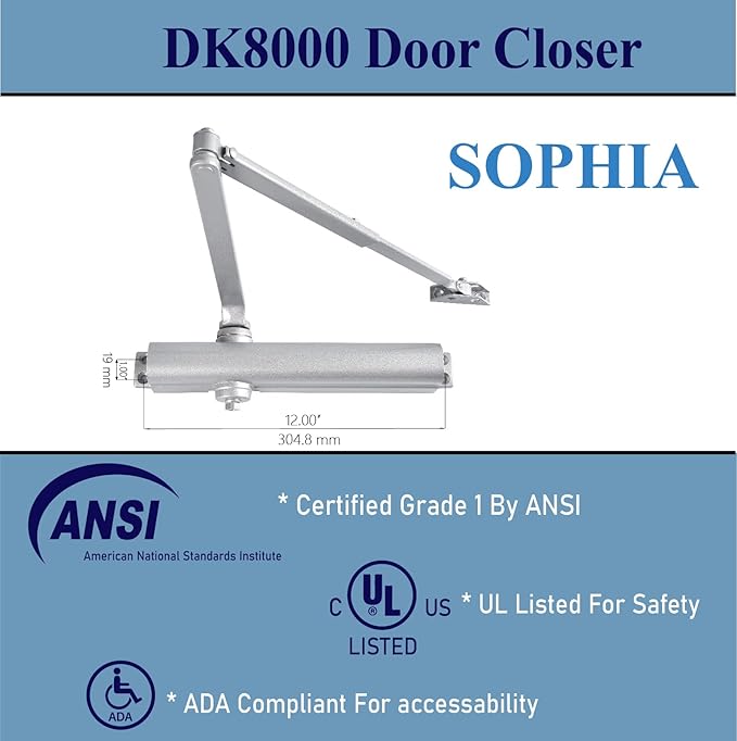 Sophia Medium/Heavy Duty Commercial Door Closer DK8000 Automatic Door Closer, Adjustable Size 1-6 Hydraulic Door Closer Hinge for Heavy Traffic Areas, Grade 1 - ADA Compliant & UL Listed, Silver