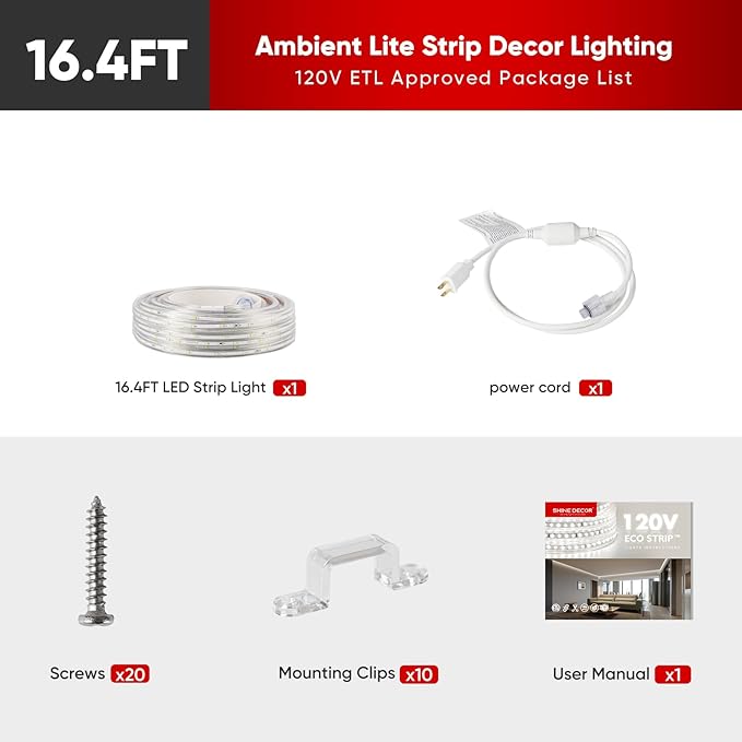 Shine Decor LED Strip Lights 12w Low Consumption, Cold Resistant IP65 Waterproof Outdoor Rope Light 120 VAC, Cuttable Connectable Indoor Lite Lighting Strip 16 FT ETL Listed 7x10mm 6000K Cool White