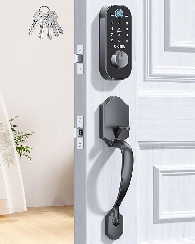 Smart Front Door Lock Set, Built-in WiFi, Keyless Entry Deadbolt with App Remote Control, Electronic Digital Touchscreen Keypad with Lever Handle, Fingerprint/Passcode/Fob/Key Unlock, Auto Lock