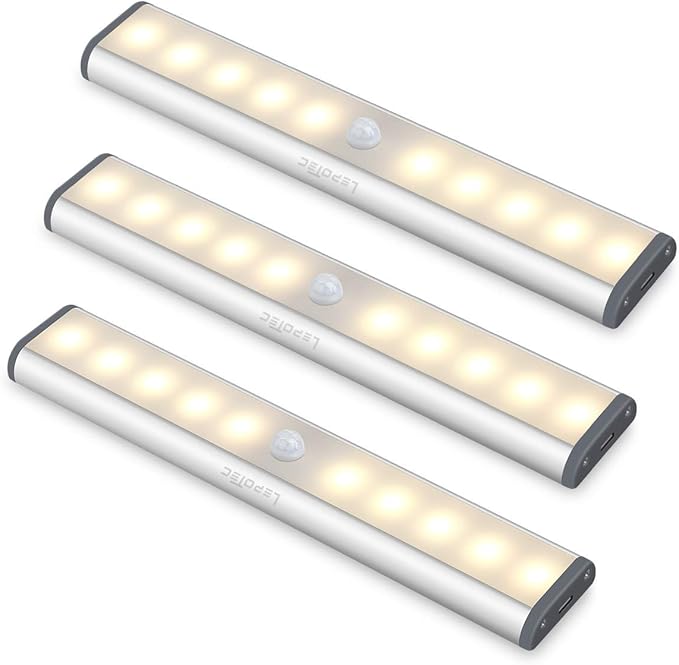 LEPOTEC LED Under Cabinet Lighting,Closet Lights Motion Sensor Light Rechargeable Cabinet Lights Wireless LED Kitchen Cabinet Lights Counter Lighting Magnetic Closet Lighting/Warm White Light(3Pack)