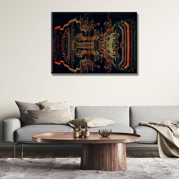 Computer Chip Canvas Wall Art Circuit Board Wall Painting Pictures for Living Room CPU Concept Modern Wall Art Framed House Decoration for Bedroom Bathroom Office Ready to Hang 20X28 INCH