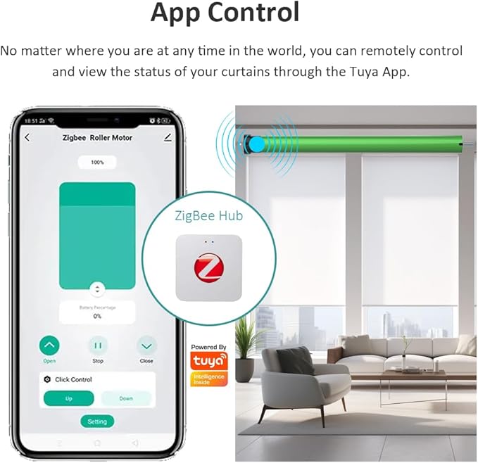 Tuya ZigBee Smart Roller Shade Motor, High Torque Electric Blinds Retrofit Kit, App/Voice Control with Alexa Google, Remote & Timer, Quiet 38dB (6.0 N.m for Φ50mm (2") Round Tube)