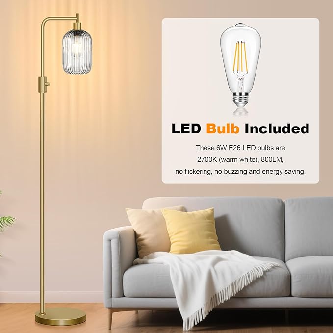 【Upgraded】 Dimmable Glass Floor Lamp for Living Room, Modern Gold Standing Lamp with Gray Ribbed Glass Lampshade & Knob Dimmer, Arc Tall Lamp for Bedroom Office Reading Room, 2700K Led Bulb Included
