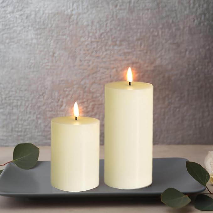 Eywamage Flameless Votive Pillar Candles with Remote Batteries Included, LED Electric Candles Set of 7, Flickering Realistic ABS+Paraffin Wax, Ivory